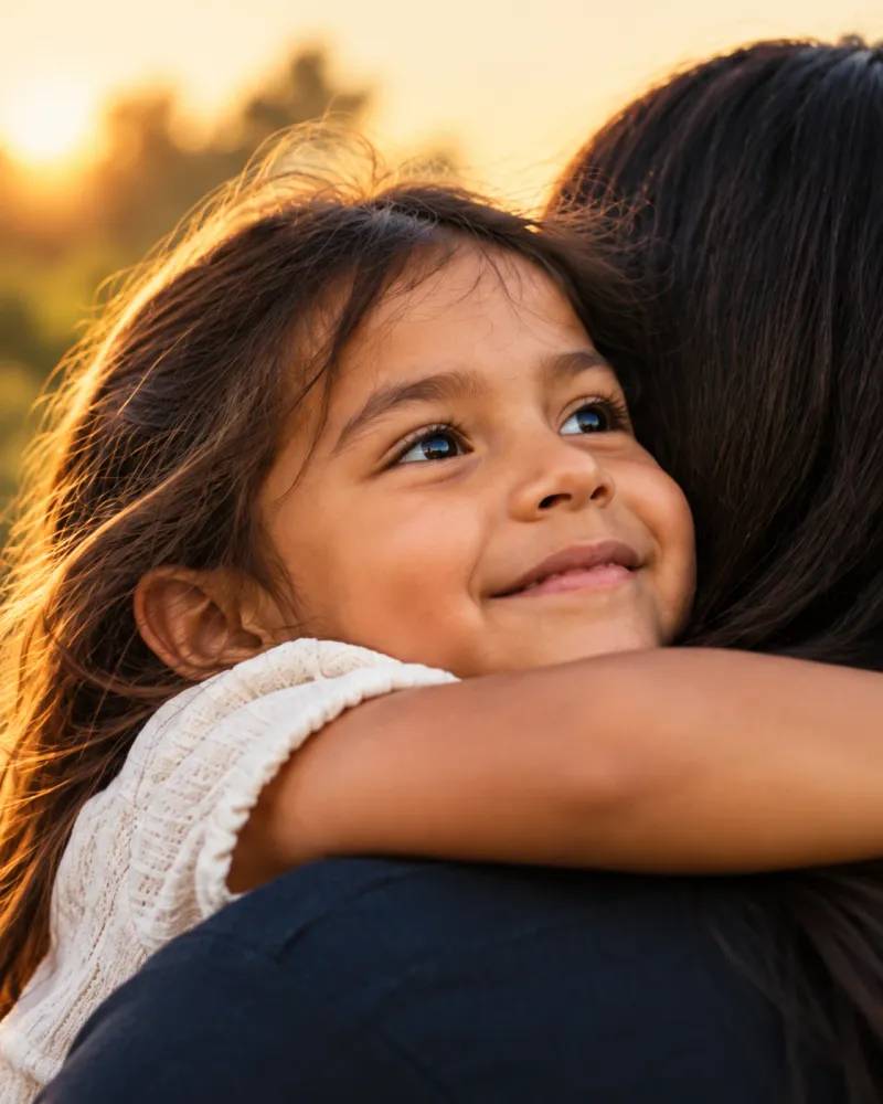 Una niña sonríe mientras abraza a una mujer al atardecer