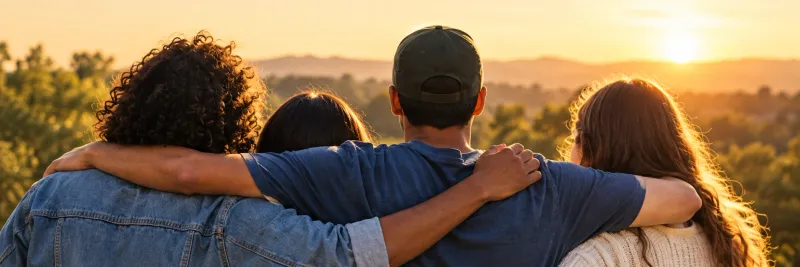 Cuatro personas abrazadas de espaldas miran el atardecer