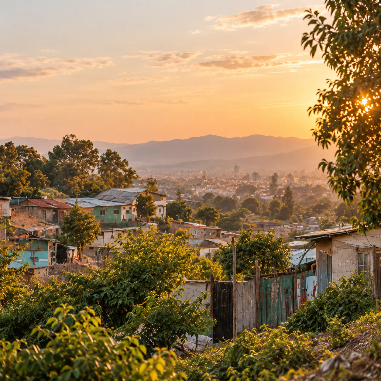 Colonia en las colinas al atardecer, con casas, árboles y la ciudad al fondo