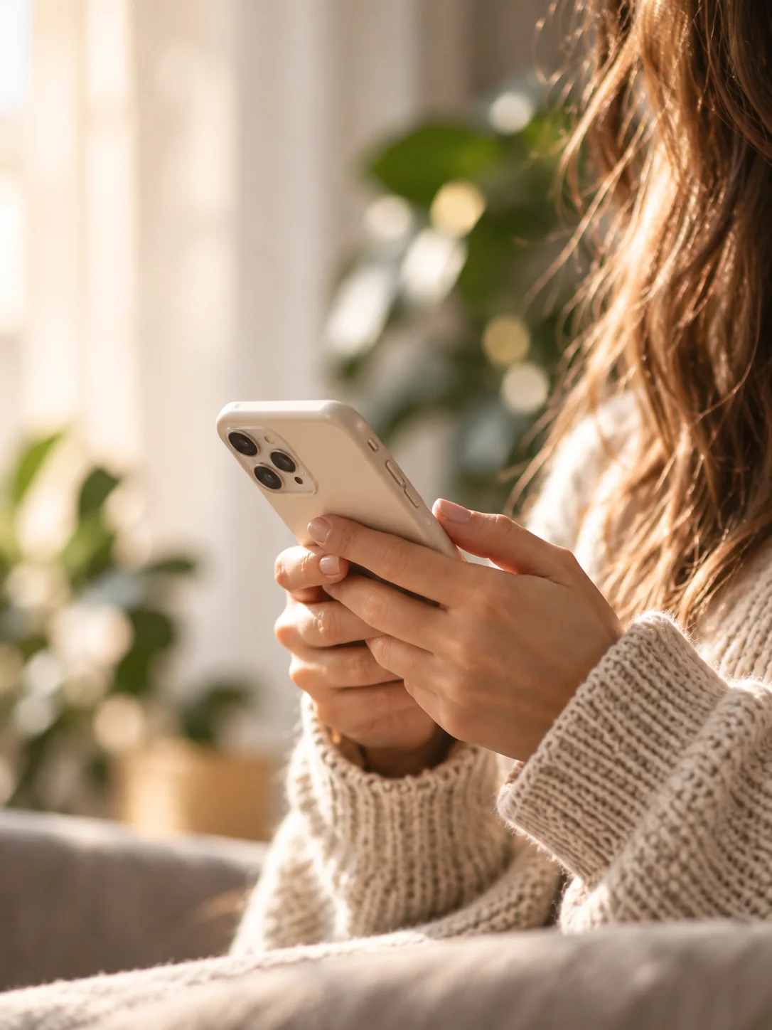 Una mujer con suéter tejido escribe un mensaje en su teléfono