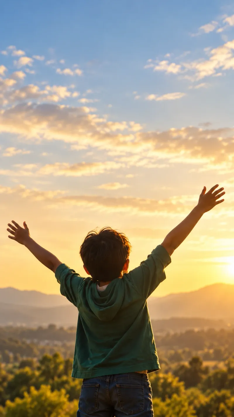 Un niño de espaldas levanta los brazos frente al amanecer